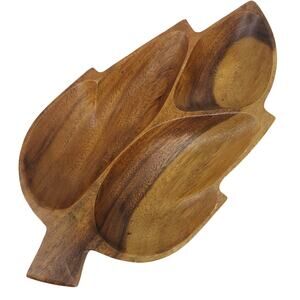 Vintage Genuine Monkey Pod Wood Hand Crafted Large Leaf Relish Dish Philippines